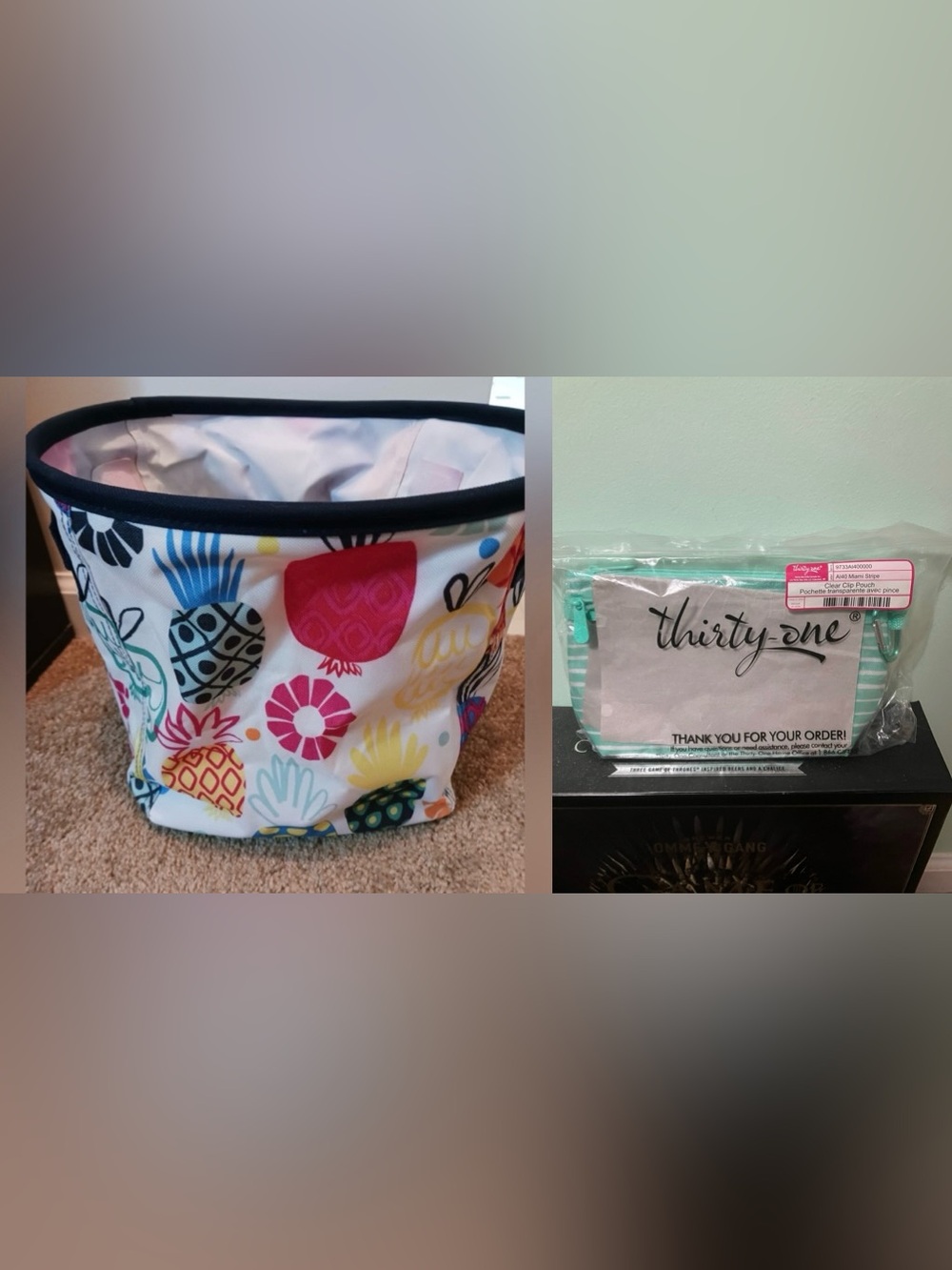 Set/Bundle- Thirty-One Tropical Pineapple Storage Bin & Striped Pouch